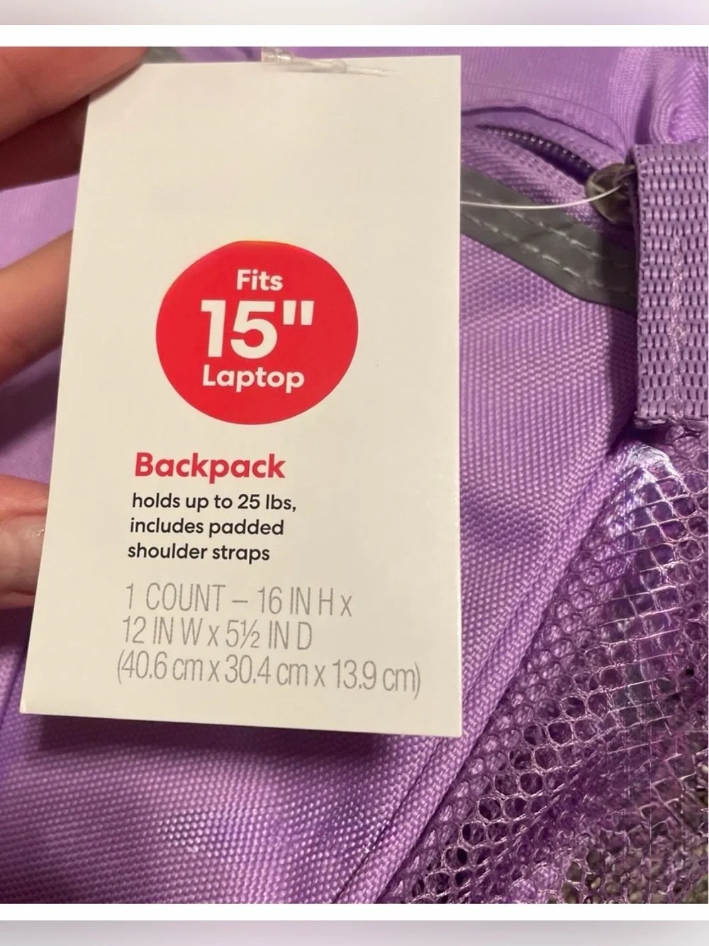 NWT: 23L Lavender Backpack with Laptop sleeve and mesh pockets